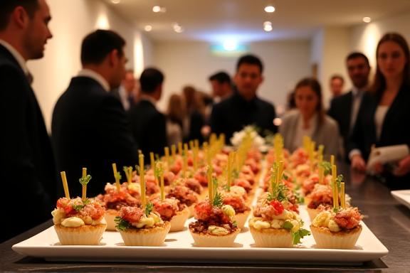 Guests mingling at a corporate reception party with elegant finger foods.